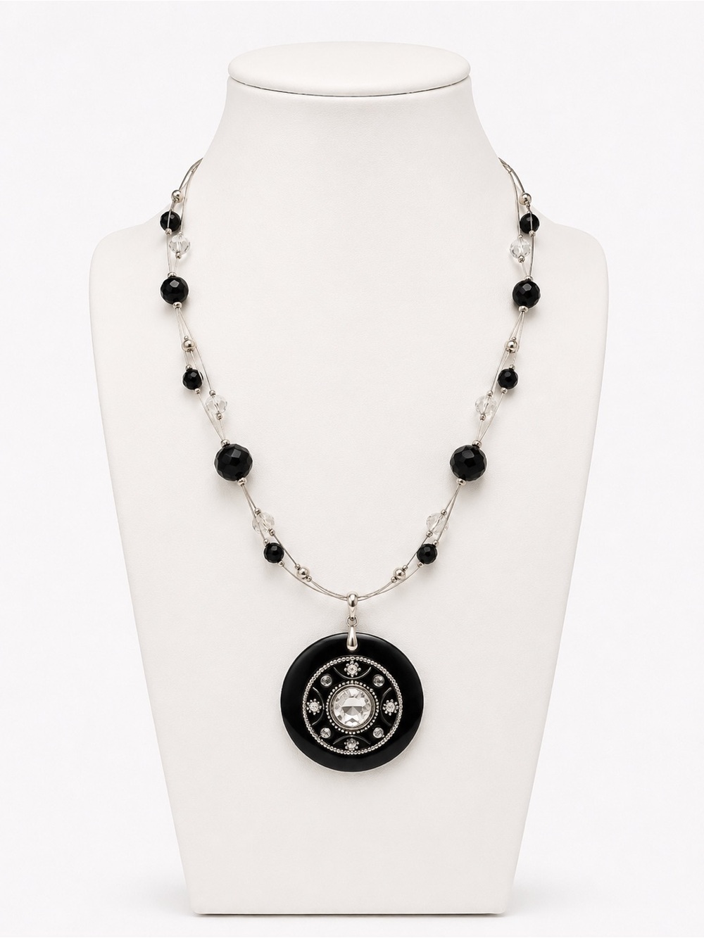Black & Silver Acrylic Pendant Necklace – Multi Strand Beaded Statement
